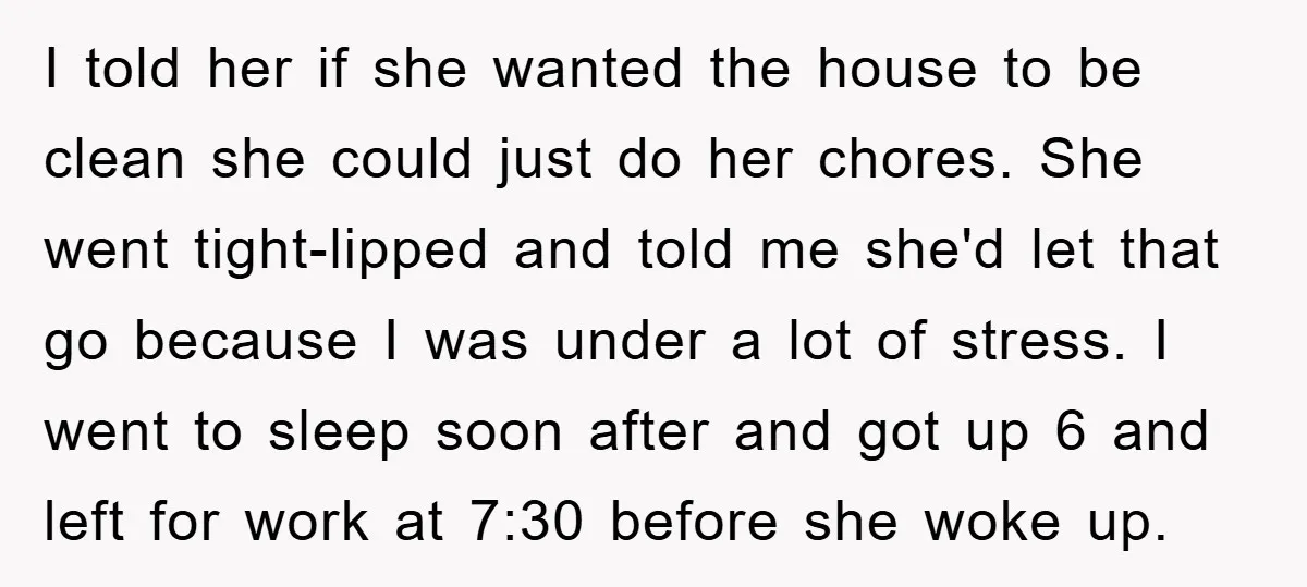 I told her if she wanted the house to be clean she could just do her chores. She went tight-lipped and told me she'd let that go because I was...