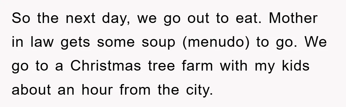 So the next day, we go out to eat. Mother in law gets some soup (menudo) to go. We go to a Christmas tree farm with my kids about an...