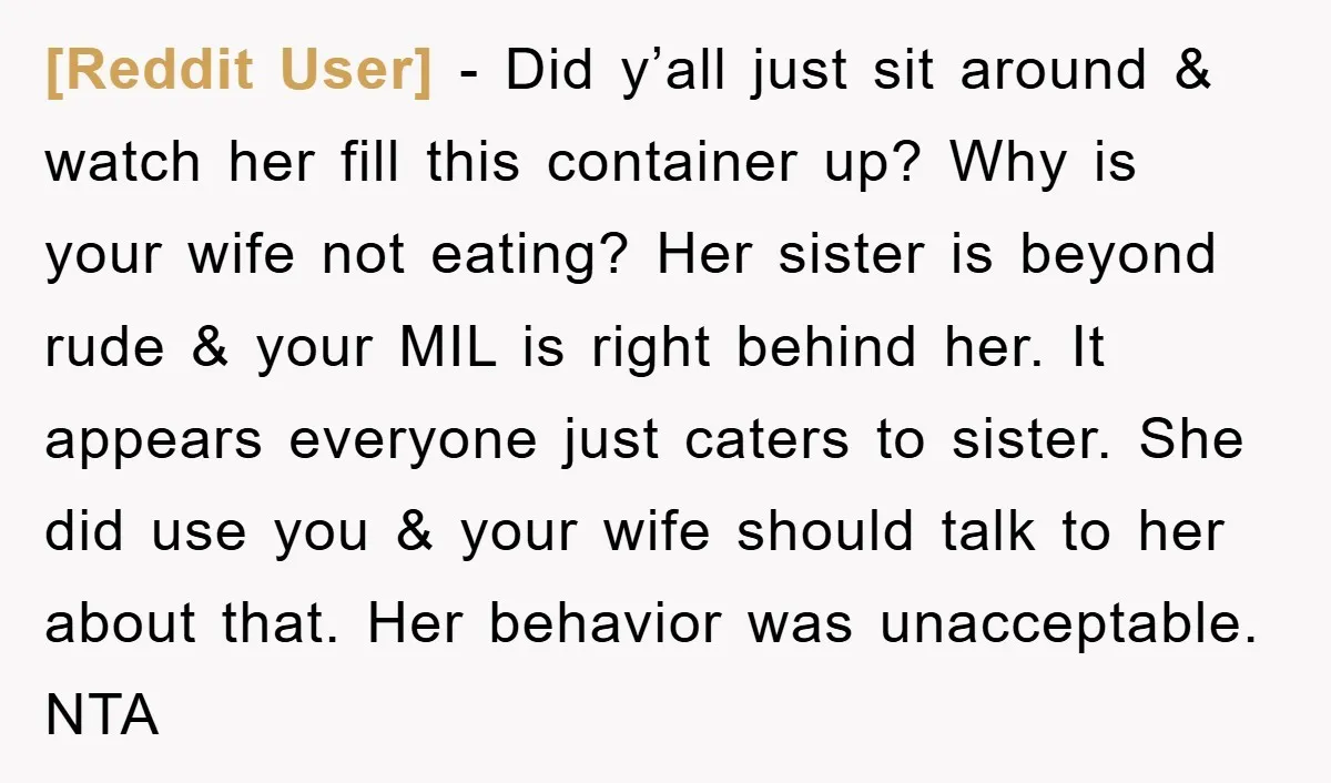 [Reddit User] − Did y’all just sit around & watch her fill this container up? Why is your wife not eating? Her sister is beyond rude & your MIL is...