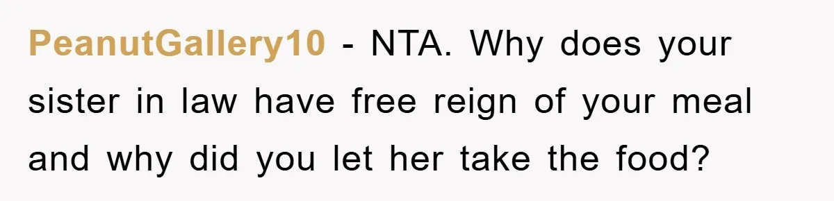 PeanutGallery10 − NTA. Why does your sister in law have free reign of your meal and why did you let her take the food?