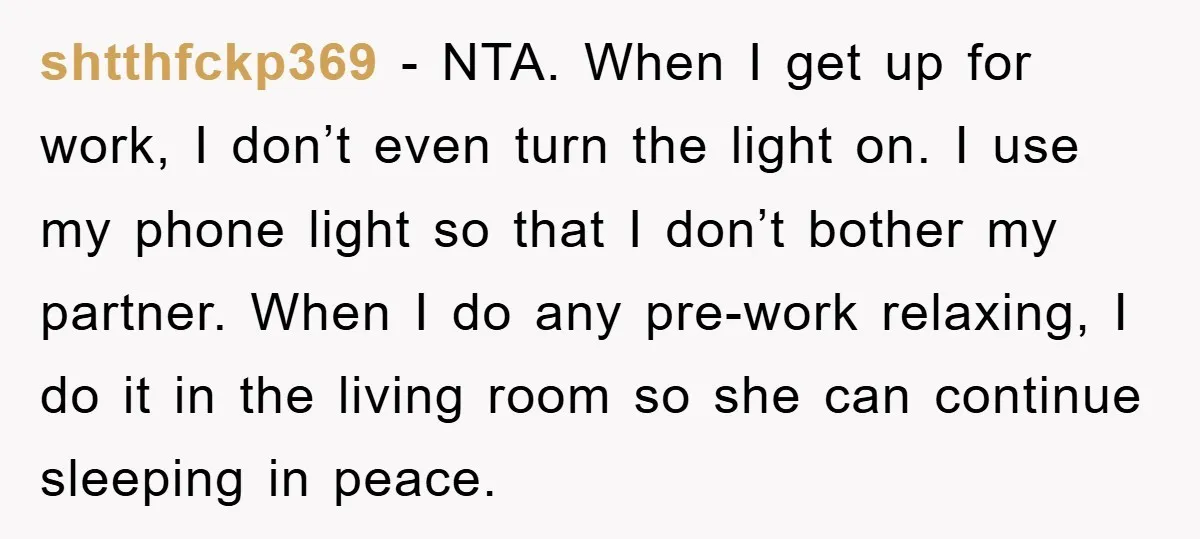 shtthfckp369 − NTA. When I get up for work, I don’t even turn the light on. I use my phone light so that I don’t bother my partner. When I...