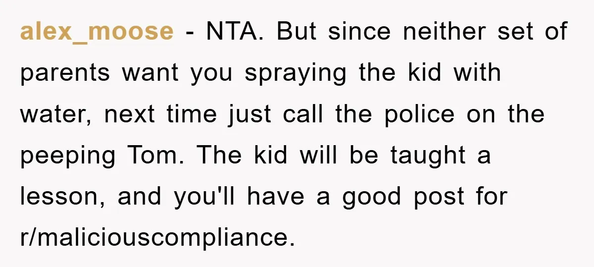 alex_moose − NTA. But since neither set of parents want you spraying the kid with water, next time just call the police on the peeping Tom. The kid will be...