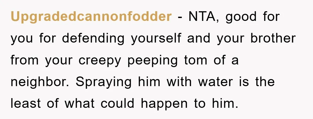 Upgradedcannonfodder − NTA, good for you for defending yourself and your brother from your creepy peeping tom of a neighbor. Spraying him with water is the least of what could...