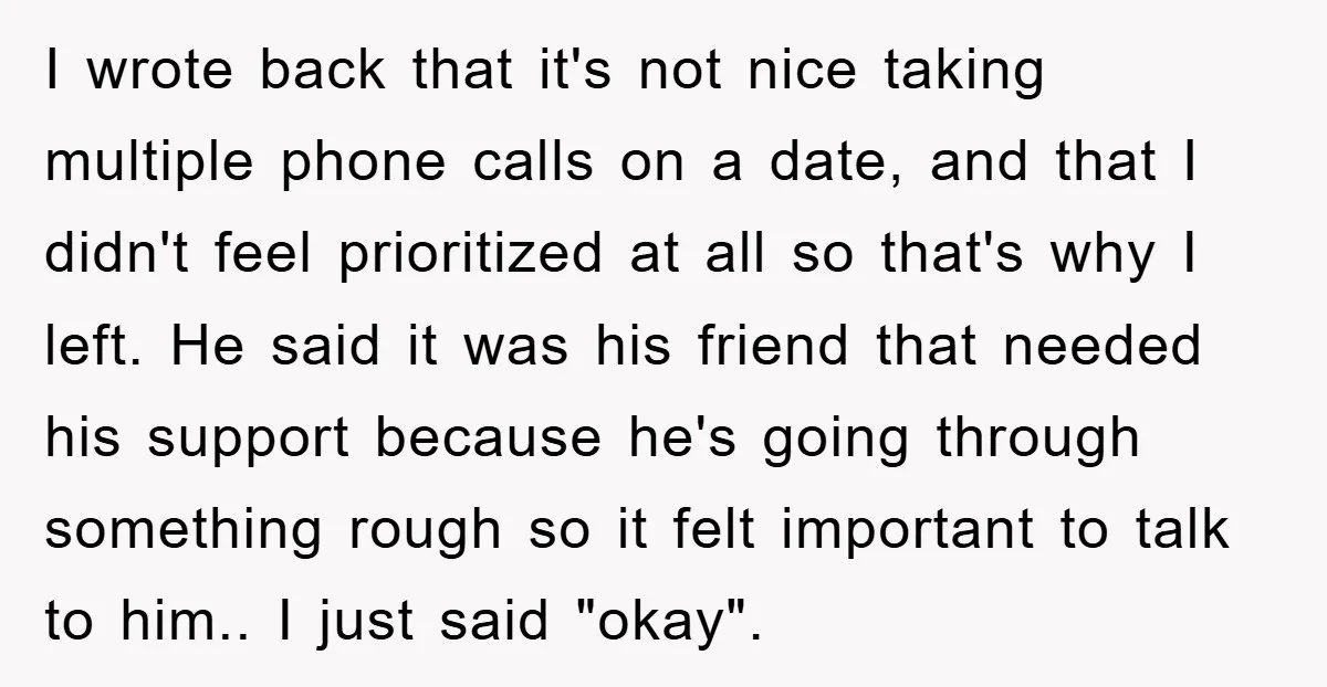 I wrote back that it's not nice taking multiple phone calls on a date, and that I didn't feel prioritized at all so that's why I left. He said it...