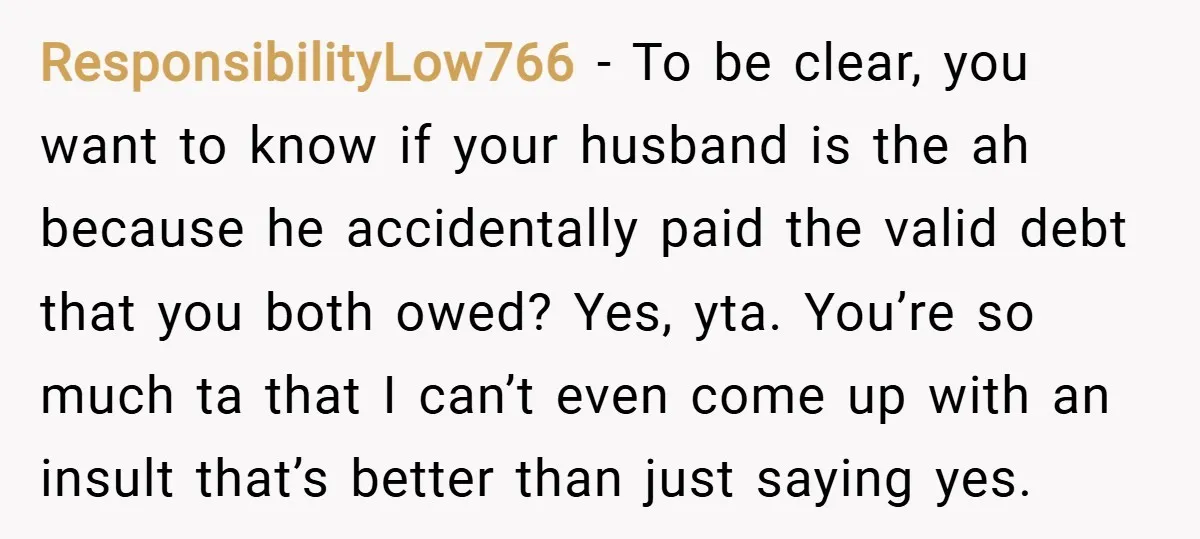 ResponsibilityLow766 − To be clear, you want to know if your husband is the ah because he accidentally paid the valid debt that you both owed? Yes, yta. You’re so...