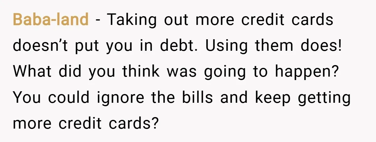 Baba-land − Taking out more credit cards doesn’t put you in debt. Using them does! What did you think was going to happen? You could ignore the bills and keep...