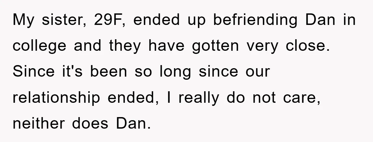 My sister, 29F, ended up befriending Dan in college and they have gotten very close. Since it's been so long since our relationship ended, I really do not care, neither...