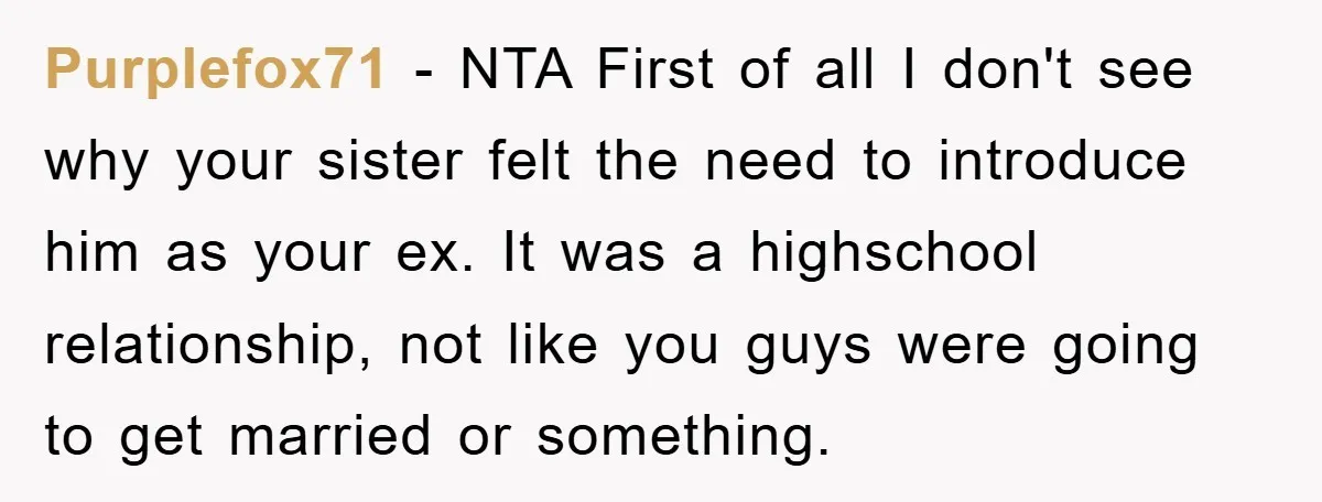 Purplefox71 − NTA First of all I don't see why your sister felt the need to introduce him as your ex. It was a highschool relationship, not like you guys...