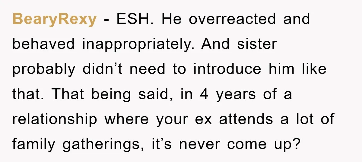 BearyRexy − ESH. He overreacted and behaved inappropriately. And sister probably didn’t need to introduce him like that. That being said, in 4 years of a relationship where your ex...