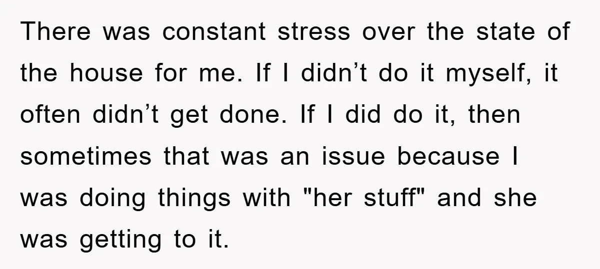 There was constant stress over the state of the house for me. If I didn’t do it myself, it often didn’t get done. If I did do it, then sometimes...