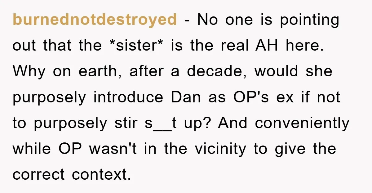 burnednotdestroyed − No one is pointing out that the *sister* is the real AH here. Why on earth, after a decade, would she purposely introduce Dan as OP's ex if...