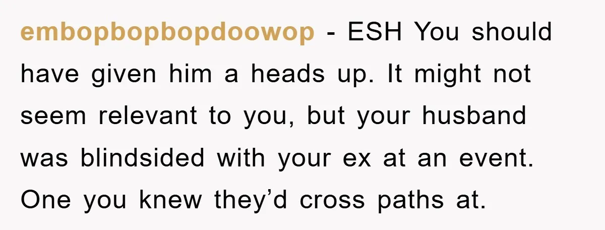 embopbopbopdoowop − ESH You should have given him a heads up. It might not seem relevant to you, but your husband was blindsided with your ex at an event. One...