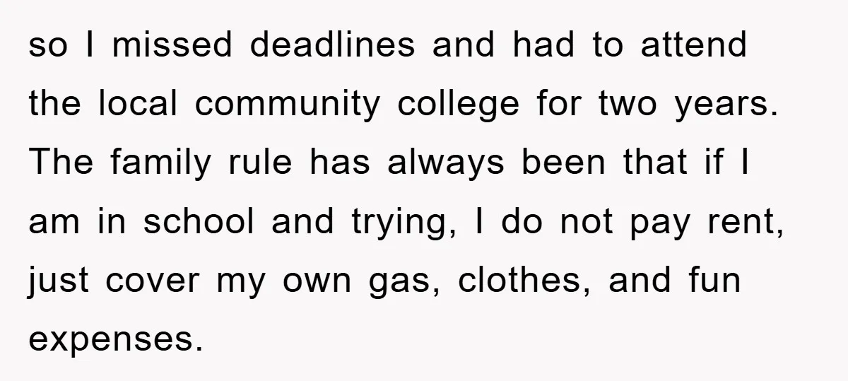 so I missed deadlines and had to attend the local community college for two years. The family rule has always been that if I am in school and trying, I...