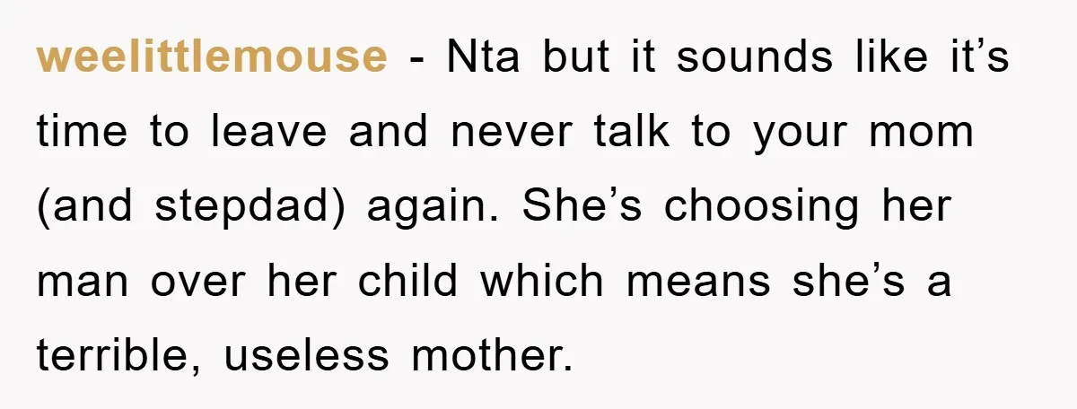 weelittlemouse − Nta but it sounds like it’s time to leave and never talk to your mom (and stepdad) again. She’s choosing her man over her child which means she’s...