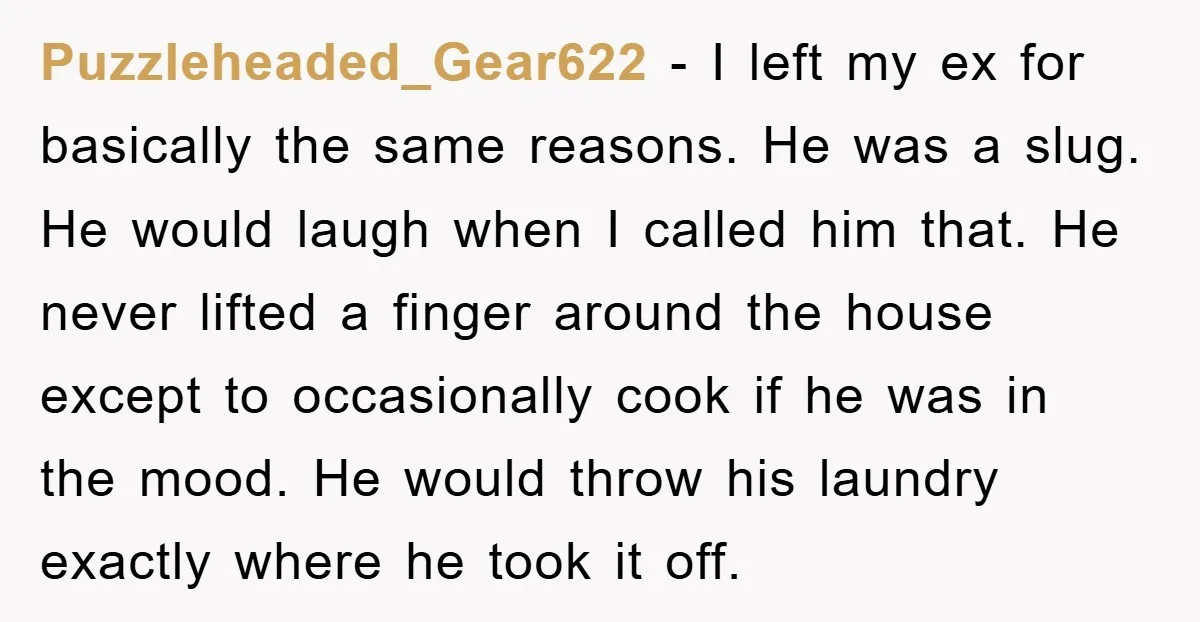 Puzzleheaded_Gear622 − I left my ex for basically the same reasons. He was a slug. He would laugh when I called him that. He never lifted a finger around the...