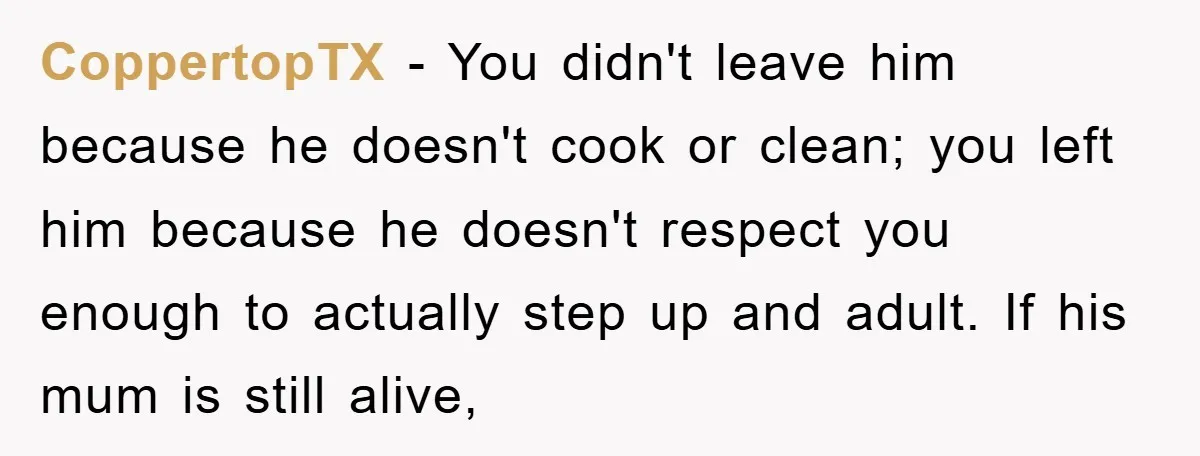 CoppertopTX − You didn't leave him because he doesn't cook or clean; you left him because he doesn't respect you enough to actually step up and adult. If his mum...