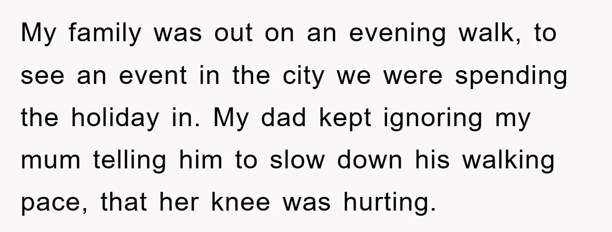 My family was out on an evening walk, to see an event in the city we were spending the holiday in. My dad kept ignoring my mum telling him to...