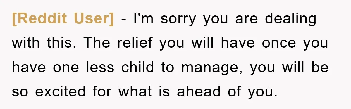 [Reddit User] − I'm sorry you are dealing with this. The relief you will have once you have one less child to manage, you will be so excited for what...