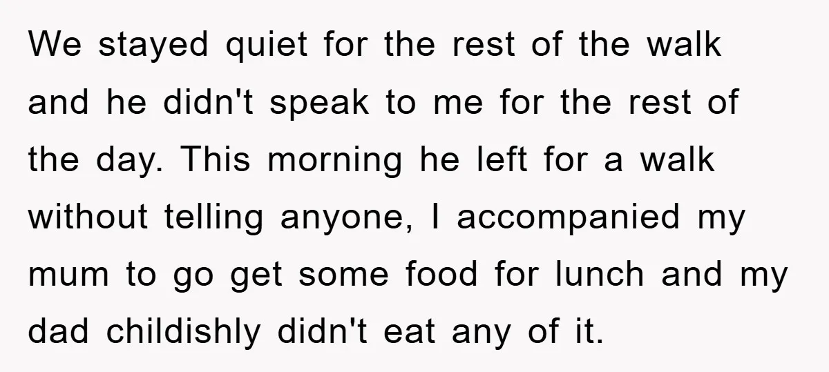 We stayed quiet for the rest of the walk and he didn't speak to me for the rest of the day. This morning he left for a walk without telling...