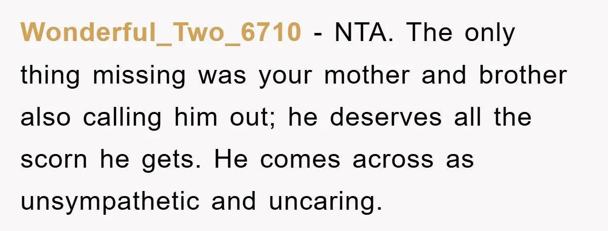 Wonderful_Two_6710 − NTA. The only thing missing was your mother and brother also calling him out; he deserves all the scorn he gets. He comes across as unsympathetic and uncaring.