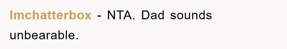 lmchatterbox − NTA. Dad sounds unbearable.