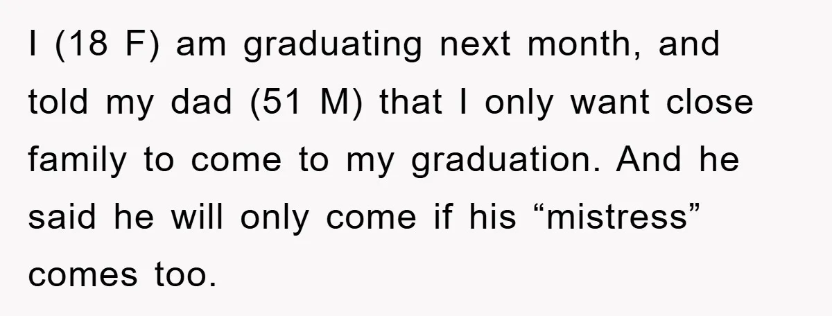 I (18 F) am graduating next month, and told my dad (51 M) that I only want close family to come to my graduation. And he said he will only...
