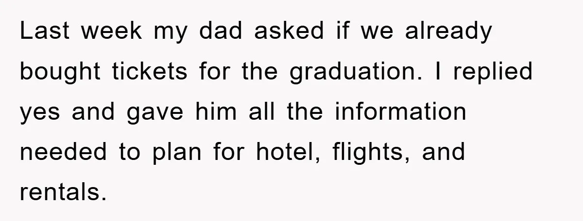 Last week my dad asked if we already bought tickets for the graduation. I replied yes and gave him all the information needed to plan for hotel, flights, and rentals.