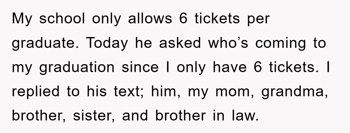 My school only allows 6 tickets per graduate. Today he asked who’s coming to my graduation since I only have 6 tickets. I replied to his text; him, my mom,...