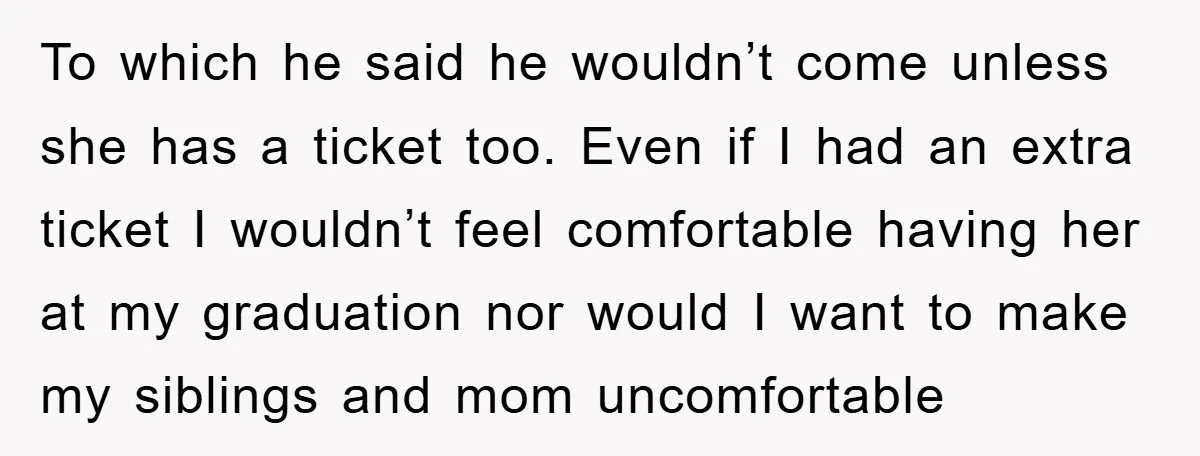To which he said he wouldn’t come unless she has a ticket too. Even if I had an extra ticket I wouldn’t feel comfortable having her at my graduation nor...