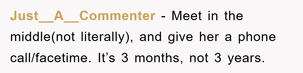 Just__A__Commenter − Meet in the middle(not literally), and give her a phone call/facetime. It’s 3 months, not 3 years.
