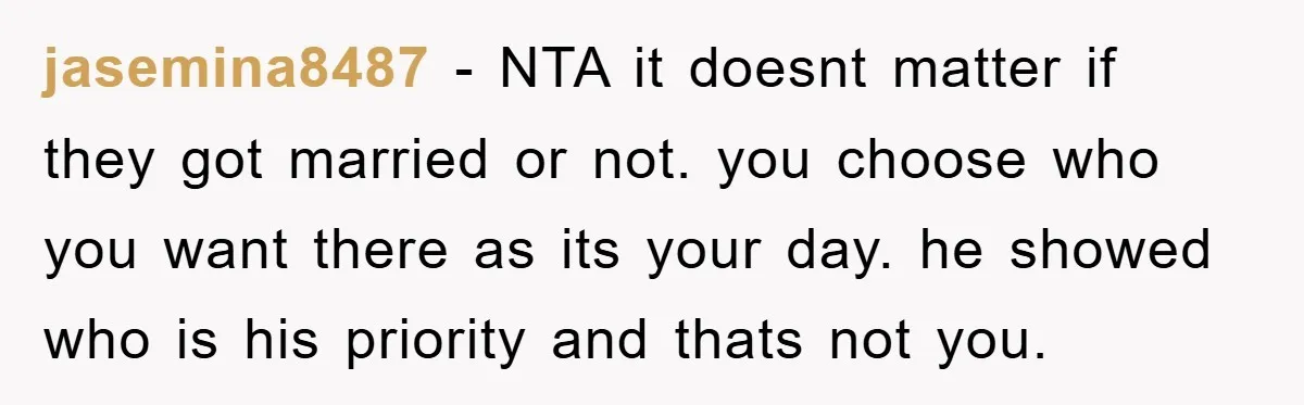 jasemina8487 − NTA it doesnt matter if they got married or not. you choose who you want there as its your day. he showed who is his priority and thats...