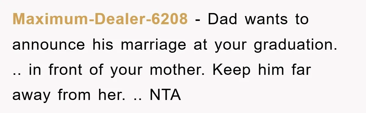 Maximum-Dealer-6208 − Dad wants to announce his marriage at your graduation. .. in front of your mother. Keep him far away from her. .. NTA