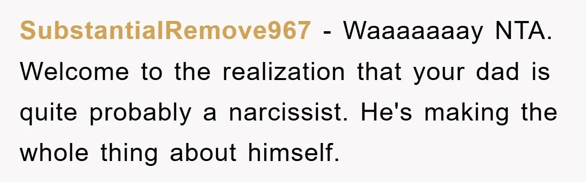 SubstantialRemove967 − Waaaaaaay NTA. Welcome to the realization that your dad is quite probably a narcissist. He's making the whole thing about himself.