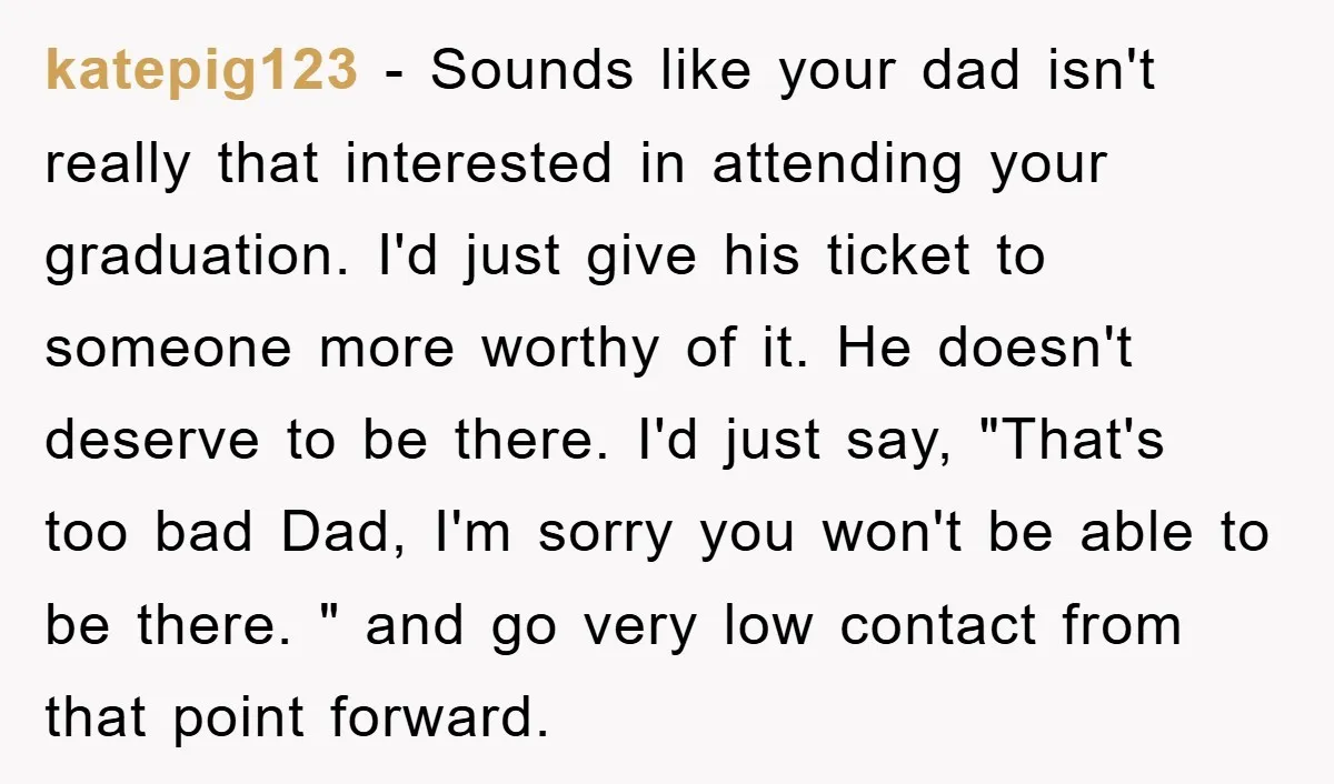 katepig123 − Sounds like your dad isn't really that interested in attending your graduation. I'd just give his ticket to someone more worthy of it. He doesn't deserve to be...