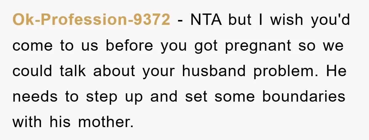 Ok-Profession-9372 − NTA but I wish you'd come to us before you got pregnant so we could talk about your husband problem. He needs to step up and set some...