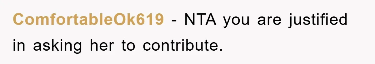 ComfortableOk619 − NTA you are justified in asking her to contribute.