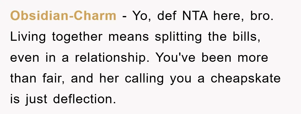 Obsidian-Charm − Yo, def NTA here, bro. Living together means splitting the bills, even in a relationship. You've been more than fair, and her calling you a cheapskate is just...