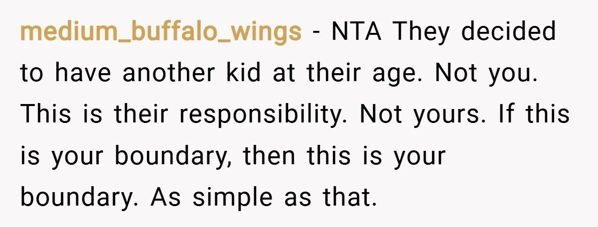 medium_buffalo_wings − NTA They decided to have another kid at their age. Not you. This is their responsibility. Not yours. If this is your boundary, then this is your boundary....