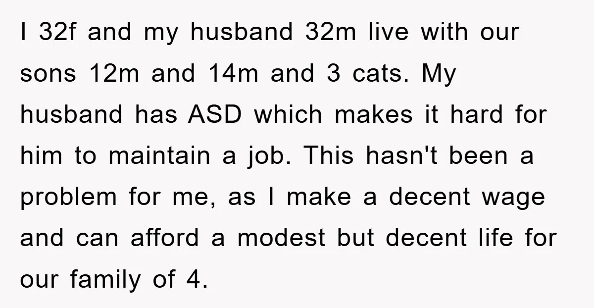 I 32f and my husband 32m live with our sons 12m and 14m and 3 cats. My husband has ASD which makes it hard for him to maintain a job....
