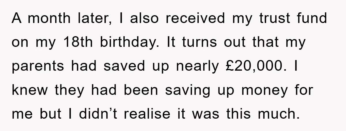 A month later, I also received my trust fund on my 18th birthday. It turns out that my parents had saved up nearly £20,000. I knew they had been saving...