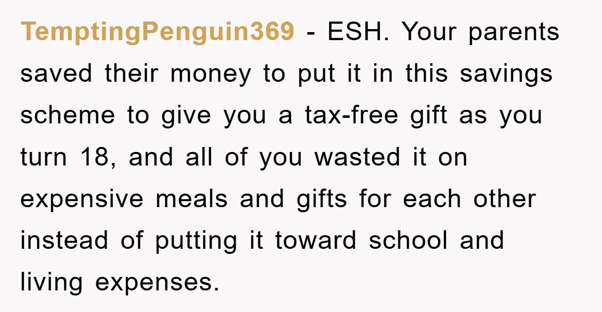 TemptingPenguin369 − ESH. Your parents saved their money to put it in this savings scheme to give you a tax-free gift as you turn 18, and all of you wasted...