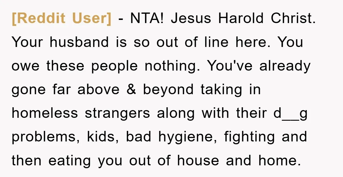 [Reddit User] − NTA! Jesus Harold Christ. Your husband is so out of line here. You owe these people nothing. You've already gone far above & beyond taking in homeless...