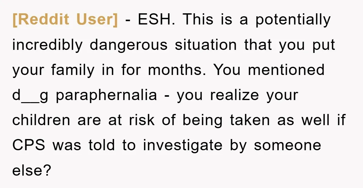 [Reddit User] − ESH. This is a potentially incredibly dangerous situation that you put your family in for months. You mentioned d__g paraphernalia - you realize your children are at...