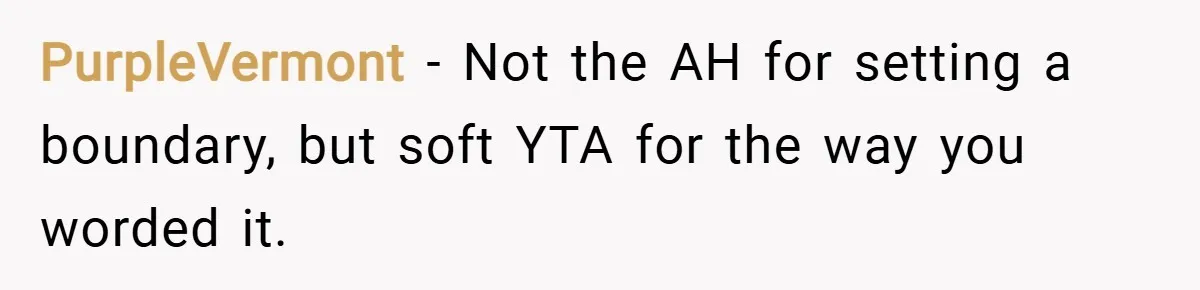 PurpleVermont − Not the AH for setting a boundary, but soft YTA for the way you worded it.