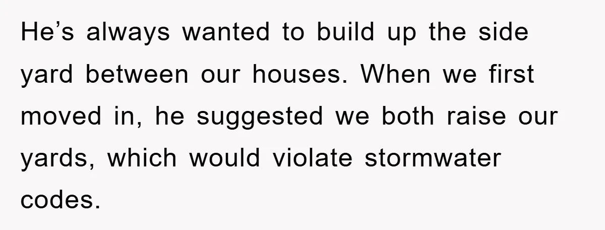 He’s always wanted to build up the side yard between our houses. When we first moved in, he suggested we both raise our yards, which would violate stormwater codes.