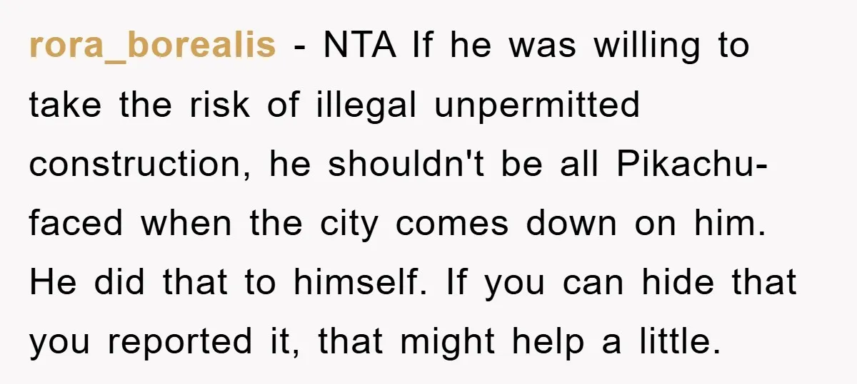 rora_borealis − NTA If he was willing to take the risk of illegal unpermitted construction, he shouldn't be all Pikachu-faced when the city comes down on him. He did that...