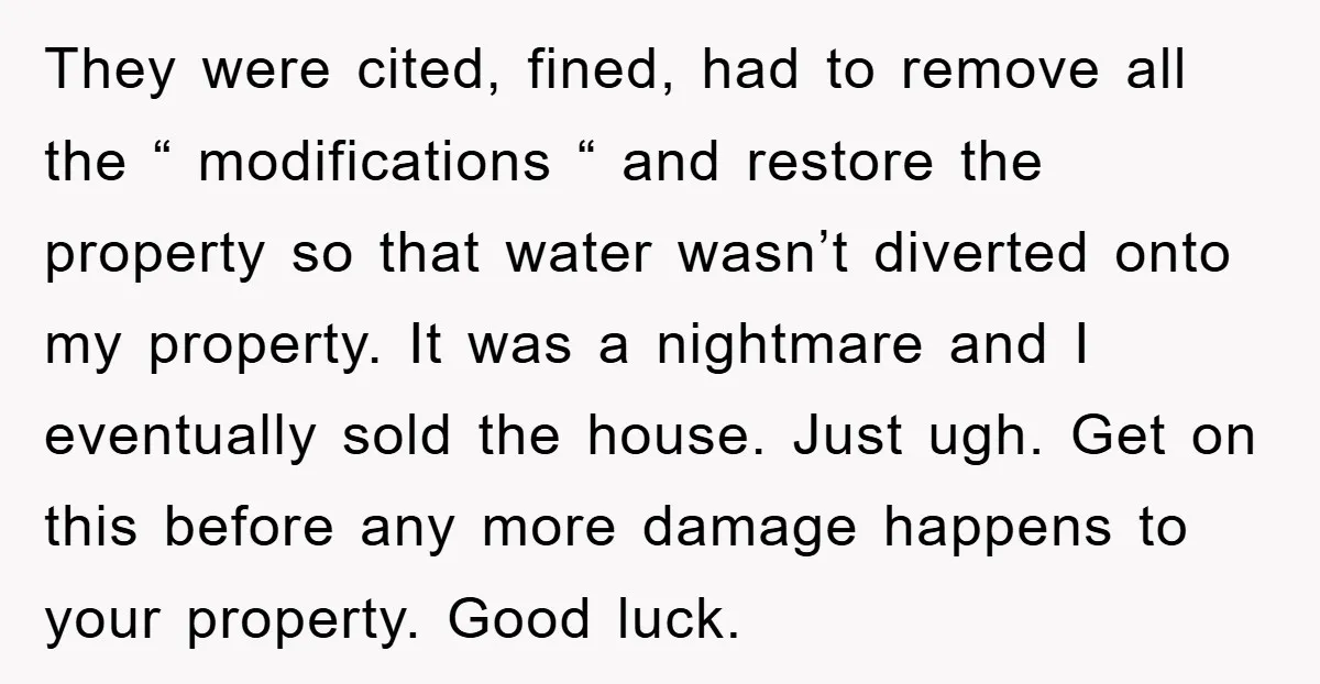 They were cited, fined, had to remove all the “ modifications “ and restore the property so that water wasn’t diverted onto my property. It was a nightmare and I...