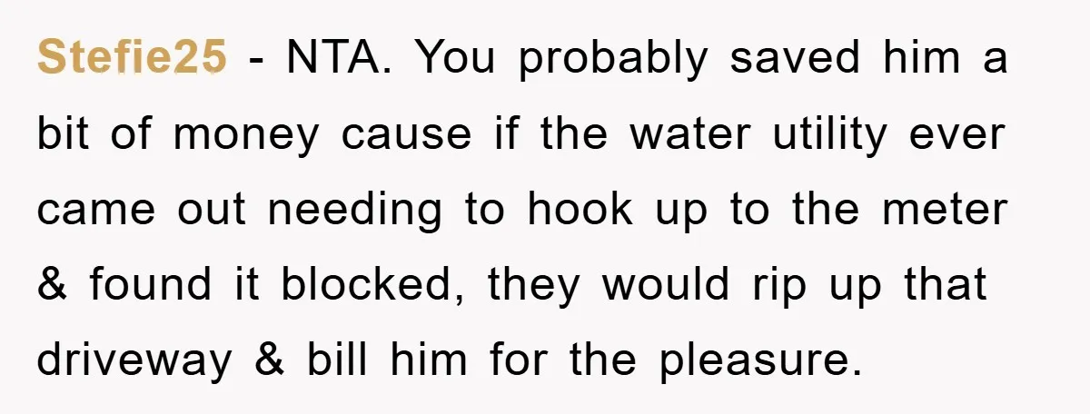Stefie25 − NTA. You probably saved him a bit of money cause if the water utility ever came out needing to hook up to the meter & found it blocked,...