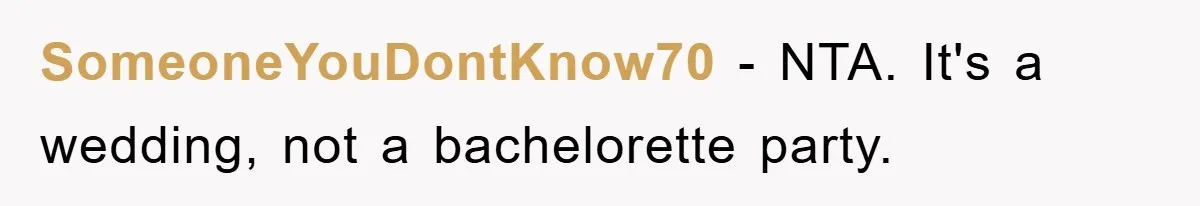 SomeoneYouDontKnow70 − NTA. It's a wedding, not a bachelorette party.