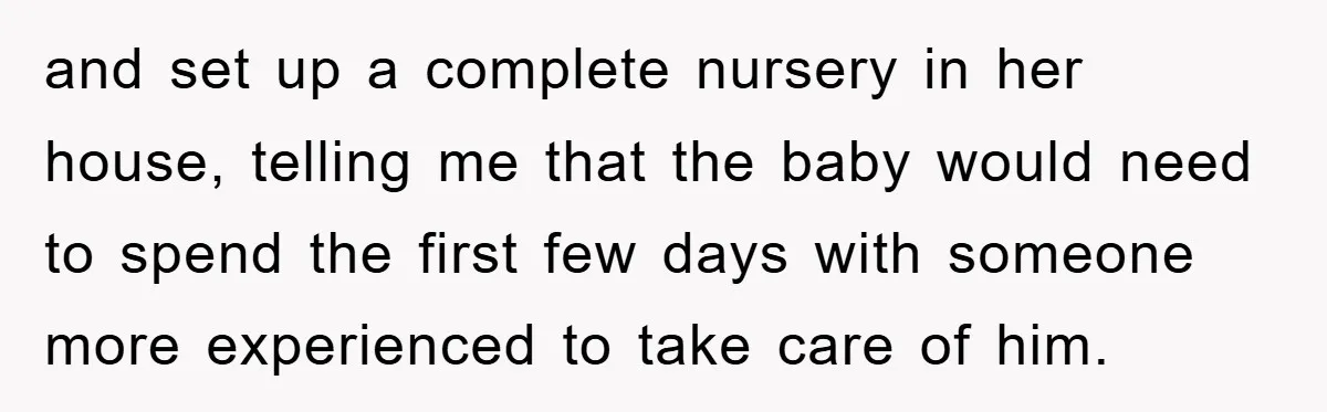 and set up a complete nursery in her house, telling me that the baby would need to spend the first few days with someone more experienced to take care of...